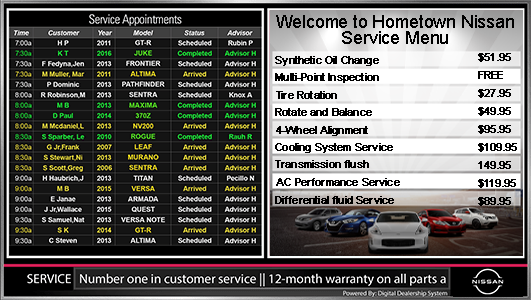 Nissan service appointment menu sign